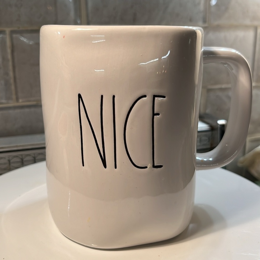 Rae Dunn Mug.  Labeled NICE   Creamy white with black with black letters.